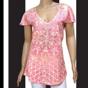 High Fifth Rhinestone Top Lace Accent Back Cap Sleeve Pink Y2K Floral XL